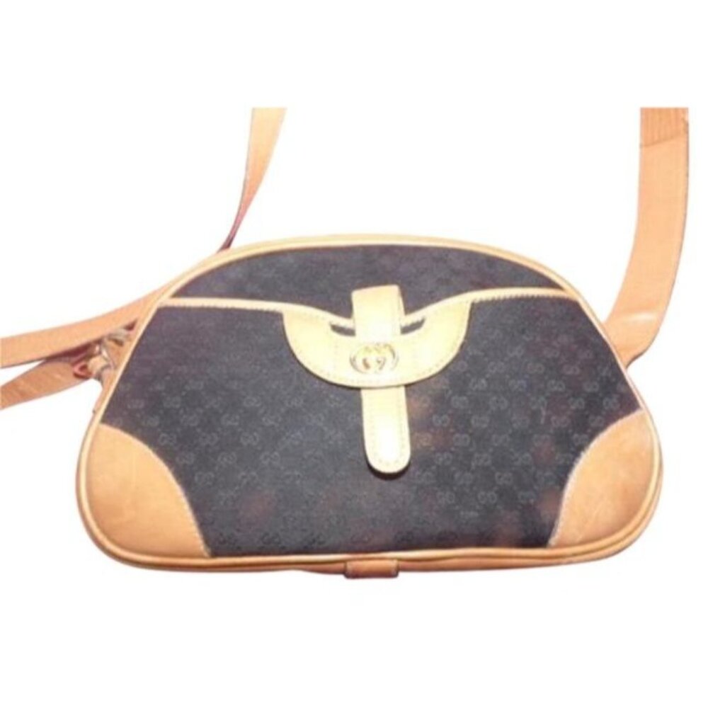 Gucci Vintage Black Canvas HOBO Logo Print Camel Leather